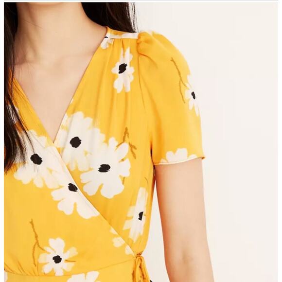 Madewell Wrap Dress Yellow Ikat Floral Puff Sleeves Midi Length Size Small - Picture 8 of 11